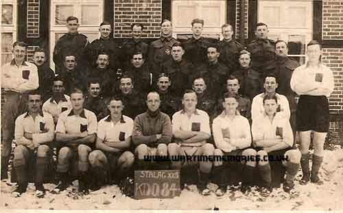 Stalag XXb Football team David is in front extreme right. Goalkeeper is Jim Gillespie from Cambuslang Lanarkshire, also in photograph is Bill fisher from London and Jim MacDonald from Whiterashes Aberdeenshire but I cannot Identify them

